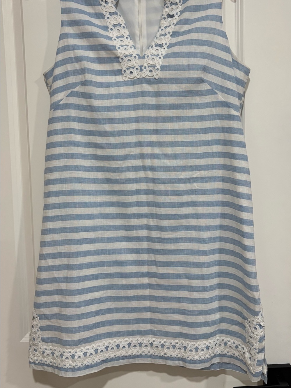 Eliza J Women’s 14 Blue White Stripe Linen Shift Dress Eyelet Trim Sleeveless - Picture 4 of 8